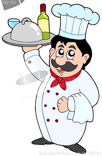 Image of Cartoon chef holding meal and wine