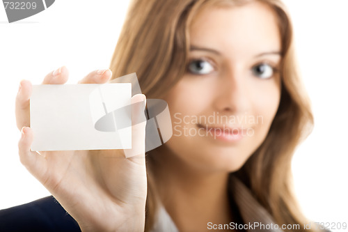 Image of Beautiful woman holding a business card