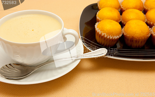 Image of Closeup of coffee with milk in white cup