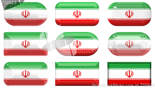 Image of nine glass buttons of the Flag of Iran