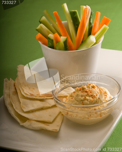 Image of hummus dip with pita bread and vegetable