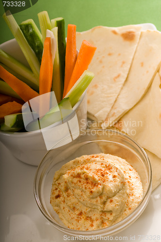 Image of hummus dip with pita bread and vegetable