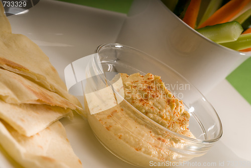 Image of hummus dip with pita bread and vegetable