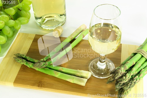 Image of Glass of white wine and sides. 