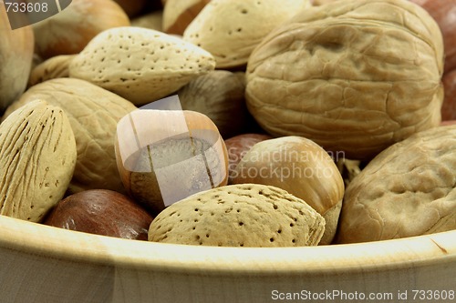 Image of Assorted nuts in wooden bowl. 