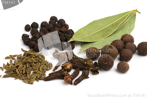 Image of bay leafs, cloves, caraway and black pepper