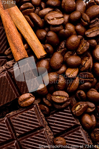 Image of chocolate, coffee and cinnamon sticks