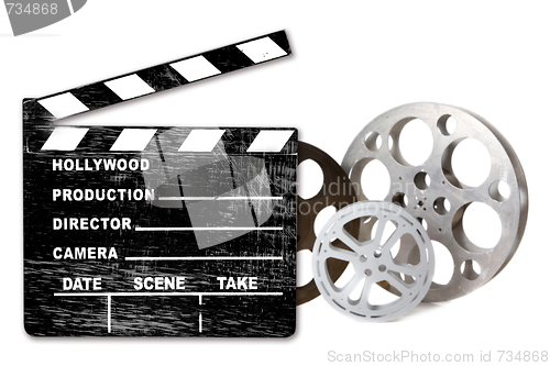 Image of Empty Hollywood Film Canisters and Clapper on White