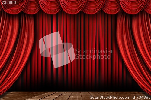 Image of Bright Red Stage Drapes With Many Swags