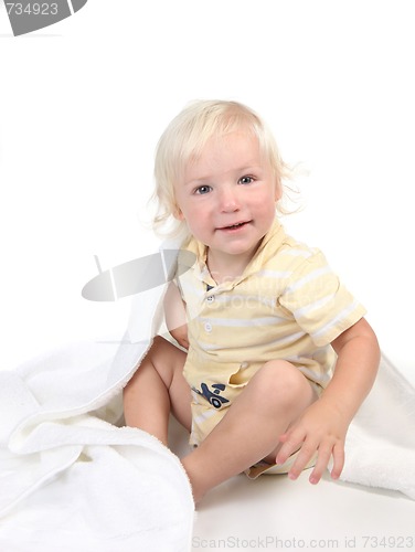 Image of Cute Caucasian Baby Boy Sitting on White