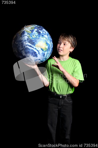 Image of Boy holding Earth in his hand and looking with wonder fascinatio