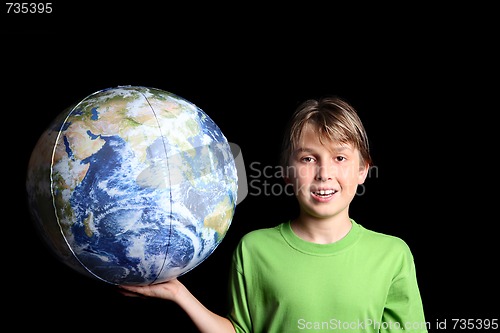 Image of Boy holding the world earth ball in his hand