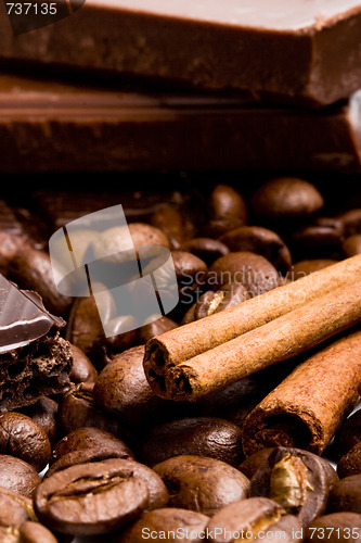 Image of chocolate, coffee and cinnamon sticks