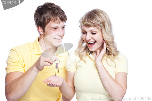 Image of Young couple holding a set of keys