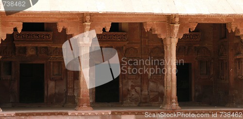 Image of Empty corridor with handcarved pillars in Fatehpur Sikri complex