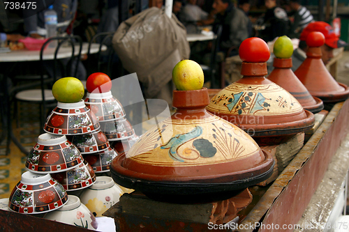 Image of Berber tajines cooking on the market, Morocco