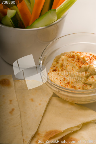 Image of hummus dip with pita bread and vegetable