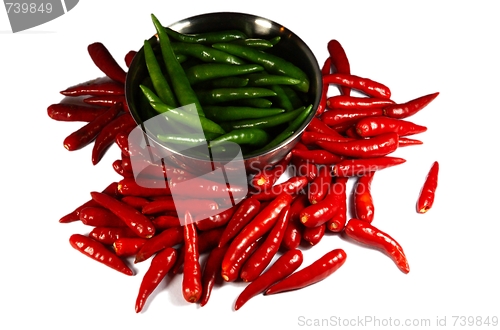 Image of Red and Green Spicy chili pepper in the plate