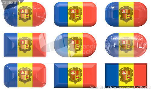 Image of nine glass buttons of the Flag of andorra