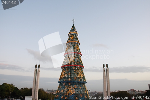 Image of Beautiful tall Christmas tree in Lisbon (at sunset)