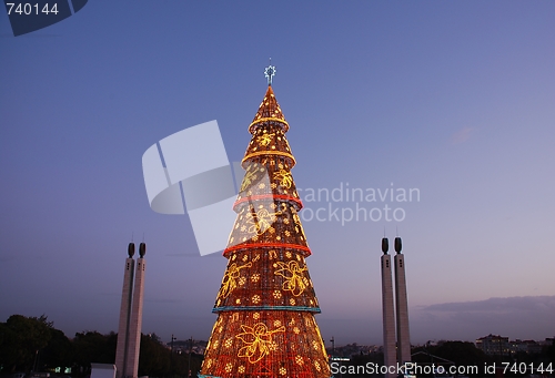 Image of Beautiful tall Christmas tree in Lisbon (at sunset)