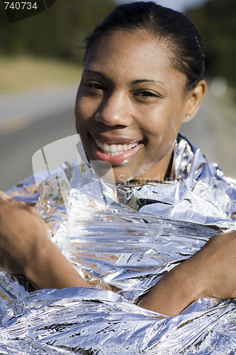 Image of Portait of Woman in Space Blanket