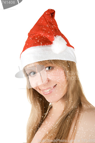 Image of Beautiful santa girl and snowfall