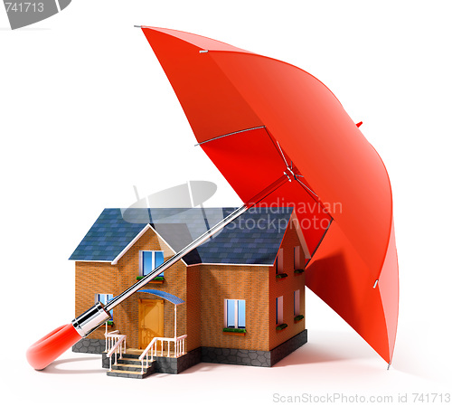 Image of red umbrella protecting house from rain