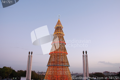 Image of Beautiful tall Christmas tree in Lisbon (at sunset)