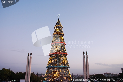 Image of Beautiful tall Christmas tree in Lisbon (at sunset)