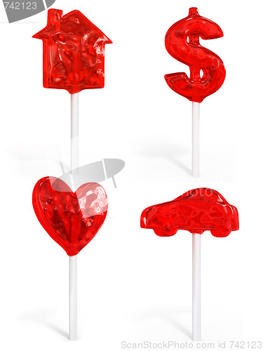 Image of set of sweet candy house dollar heart and car