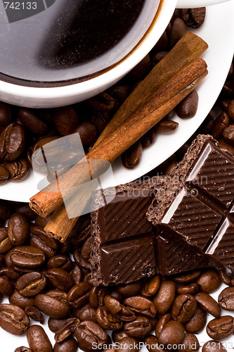 Image of cup of coffee, beans, cinnamon