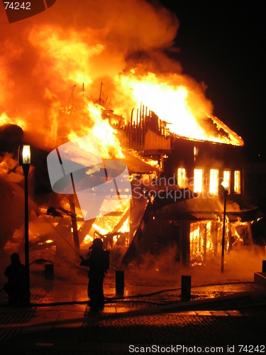 Image of Firefighter fighting burning house.