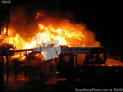 Image of Firetruck infront of burning house