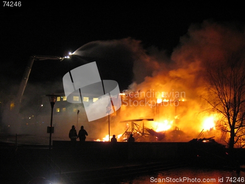 Image of Firefighters putting out burning house.