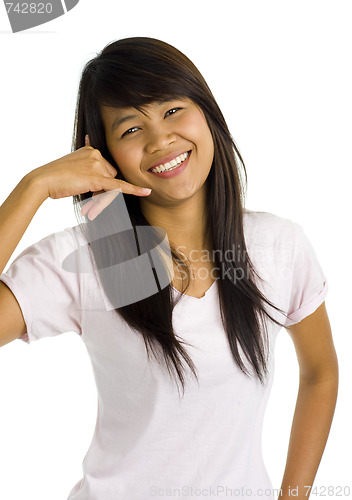 Image of young beautiful asian woman showing call sign