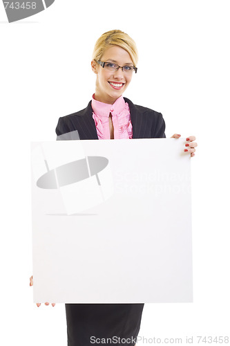 Image of woman holding the blank billboard