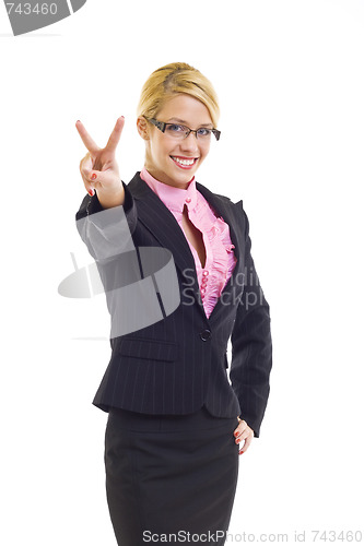 Image of attractive businesswoman victory sign