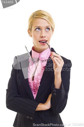 Image of business woman holding her glasses 