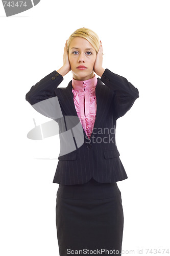 Image of businesswoman in the Hear No Evil pose