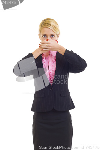 Image of businesswoman in the Speak No Evil pose