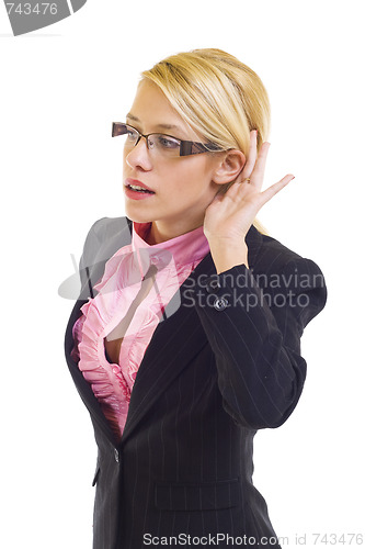 Image of young blond woman listening