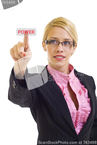 Image of no captionyoung business woman presses key, on white - POWER