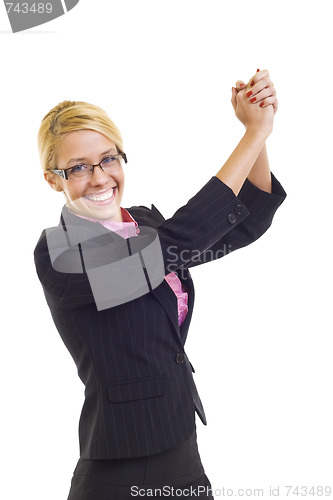 Image of Businesswoman with arms raised