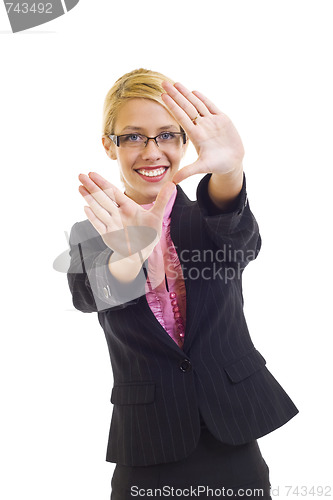 Image of young woman making a snapshot sign