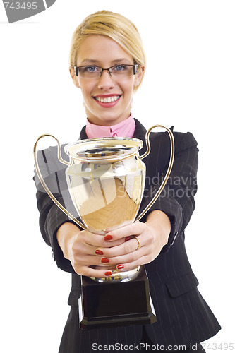 Image of attractive businesswoman winning