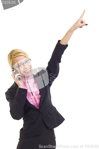 Image of  businesswoman with mobile phone winning