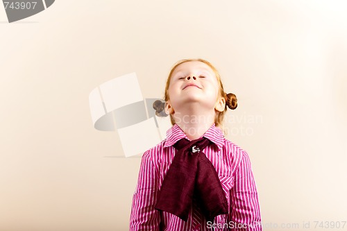 Image of Portrait of cute elegant redhead girl looking up closed eyes