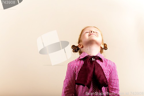 Image of Portrait of cute elegant redhead girl looking up closed eyes