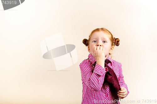 Image of Portrait of cute elegant redhead girl mouth covered with hand